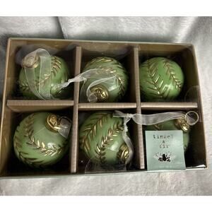 Tinsel And Fir glass ornaments Mint Green And Gold Stitching BOX OF 6 NIB NEW
